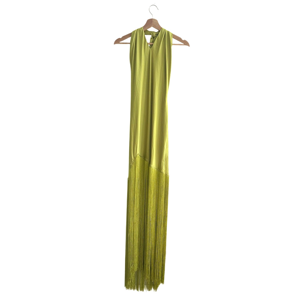 Show Me Your Mumu Jasmine Fringe Maxi in Chartreuse Luxe Satin L NWT - Picture 3 of 9